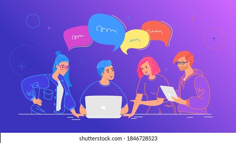 Four guys working as team and talking with speech bubbles. Flat line vector illustration of people with laptop and digital tablet discussing the project at work desk. Teamwork on gradient background