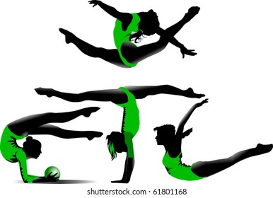 four gymnasts in green bikinis perform various exercises;