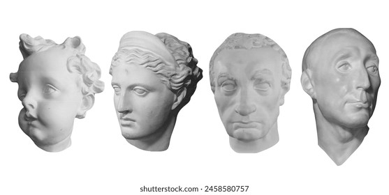 Four gypsum antique sculptures. Ancient statues Venus, Cupid, Gattamelata, Roman head isolated on white background. Plaster sculptures faces. Vector