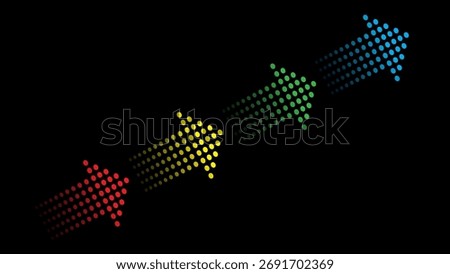 Four halftone arrows in red, yellow, green, and blue move diagonally to the upper right on an elegant black background.