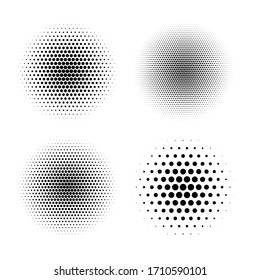 Four halftone radial gradient in circle shape polygonal form abstract design element set isolated on white background. Dark light monochrome round figure. Explosion, mosaic geometric ornament