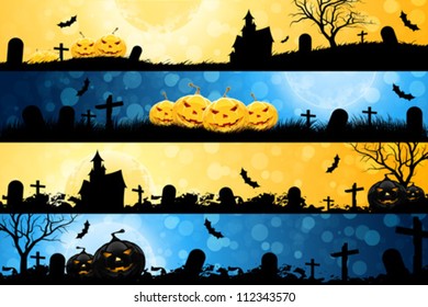 Four Halloween Banners with Pumpkins, House, Tree and Graves