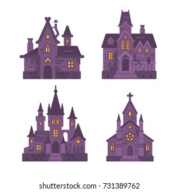 Four Halloween buildings flat illustration. Witch hut, haunted house, vampire castle and cemetery chapel. Dark gothic fantasy houses on white background