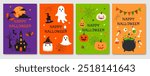 Four Halloween cards with different designs and colors. The first card has a ghost, the second has a pumpkin, the third has a pumpkin and a witch, and the fourth has a pumpkin and a witch