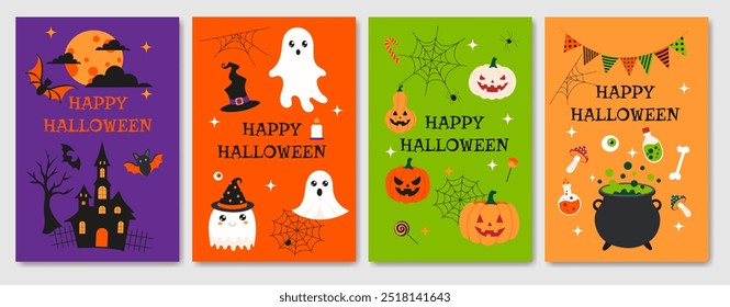 Four Halloween cards with different designs and colors. The first card has a ghost, the second has a pumpkin, the third has a pumpkin and a witch, and the fourth has a pumpkin and a witch