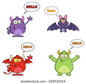 Four Halloween Cartoon Characters With Speech Bubbles And Text. Vector Collection Set