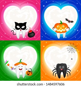 Four halloween cartoon tooth set with moon in heart shape. Black cat, pumpkin, cute tooth and spider. Illustration isolated on white backgeound. Design for poster, banner and greeting card.