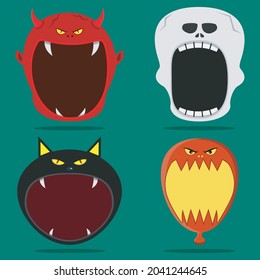 Four Halloween Character Head and Open Mouth. Devil, Skeleton, Black Cat and Balloon  Character. Vector and Illustration.