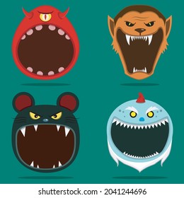 Four Halloween Character Head and Open Mouth. One Eye Monster, Wolf Man, Mouse and Creepy Gnome  Character. Vector and Illustration.