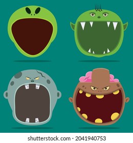 Cabeza de cuatro personajes de Halloween y boca abierta. Alien, Goblin, Gray Zombie y Brown Zombie Character. Vector e Ilustración.