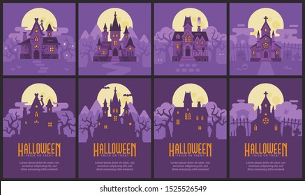 Four Halloween houses and flyers. Witch hut, Vampire castle, Haunted house and Graveyard chapel. Spooky Halloween backgrounds and posters