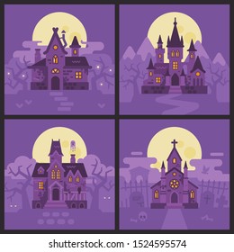 Four Halloween houses. Witch hut, Vampire castle, Haunted house and Graveyard chapel. Spooky Halloween backgrounds