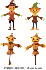 Four halloween pumpkin scarecrow wearing old clothes and hat standing posing