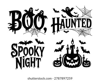 Four Halloweenthemed graphic designs featuring text ghosts bats spiderwebs and pumpkins with candles