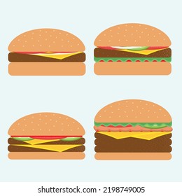 Cuatro hamburguesas. De hamburguesa de queso simple a hamburguesa de queso doble y triple con tomate y verduras. Ilustración vectorial de comida de hamburguesa fijó la vista frontal. Se puede utilizar para un restaurante de comida rápida.