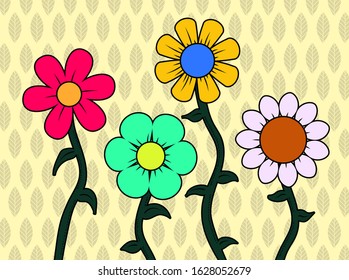 Four hand drawing Colored Flowers with leaves pattern at background inspired in Art Deco, vector art