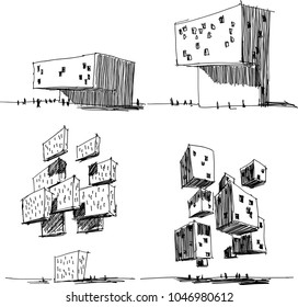 four hand drawn architectectural sketches of a modern abstract architecture and futuristic flying and levitating building