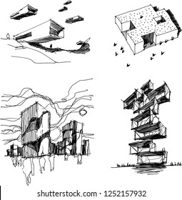 four hand drawn architectectural sketches of  modern abstract architecture with people around