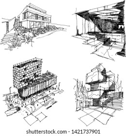 four hand drawn architectectural sketches of a modern abstract architecture with people around