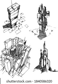 four hand drawn architectectural sketches of a modern abstract architecture and generic city urbanism structure and fantastic buildings