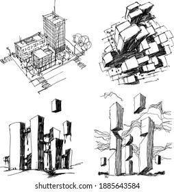 four hand drawn architectectural sketches of a modern abstract architecture and generic city urbanism structure and fantastic buildings