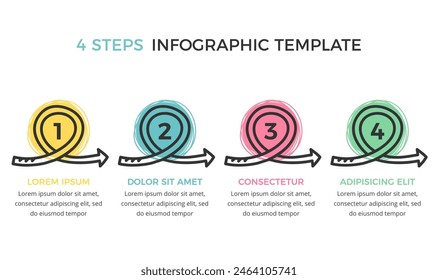 Cuatro flechas dibujadas a mano con círculos, Plantilla infográfica con lugar para su texto, ilustración eps10 de Vector