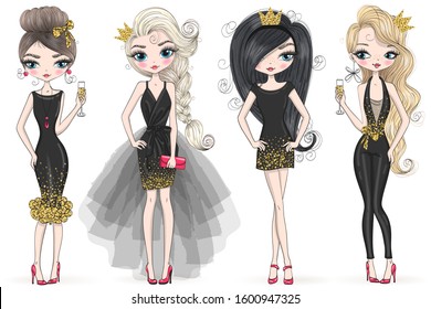 Four hand drawn beautiful cute fashion winter girls with a glass of champagne. Vector illustration.