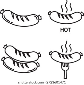 Ilustrações de salsicha preto e branco desenhadas à mão com comida de cachorro-quente a vapor e garfo