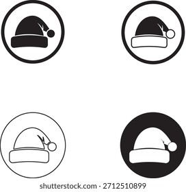 Cuatro iconos circulares dibujados a mano con una silueta simple de un sombrero de santa en varios estilos en blanco y negro