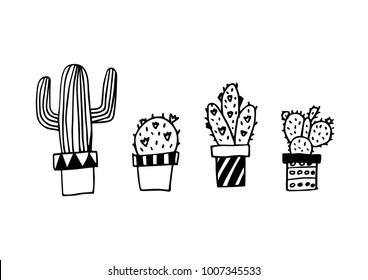 Four hand drawn cute cactuses vector
