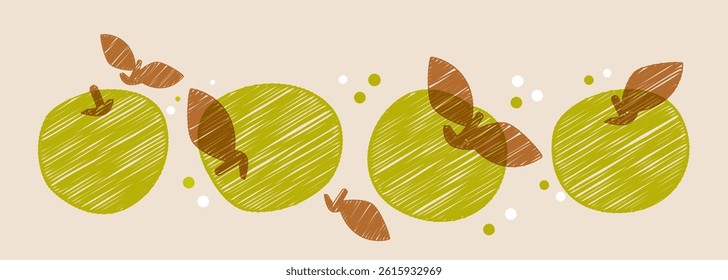 Four hand drawn green apples with leaves on light background. Healthy fresh fruits elements banner