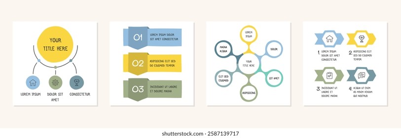 Four hand drawn infographic templates - flow chart, circle diagram, process steps, doodle infographics, vector eps10 illustration