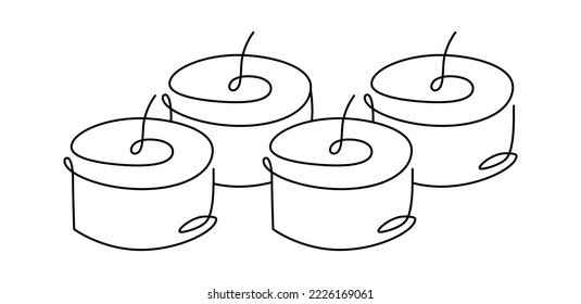 Four hand drawn one line candles vector icon. Continuous Christmas advent outline illustration for greeting card, web design isolated holiday invitation on white background.