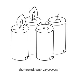 Four hand drawn one line candles vector icon. Two candles are burning. Christmas advent illustration for greeting card, web design isolated holiday invitation on white background.