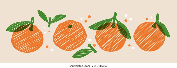 Four hand drawn orange fruits with green leaves on light background. Healthy fresh food elements banner. Vector illustration
