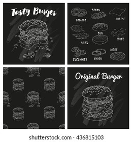 Four hand drawn patterns with burgers. Ingredients. Seamless pattern. Doodle set. Chalkboard. Vector. Isolated.