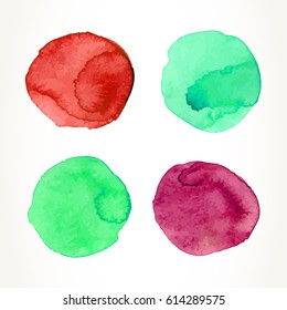 Four hand drawn red and green watercolor vector circles, isolated over white.