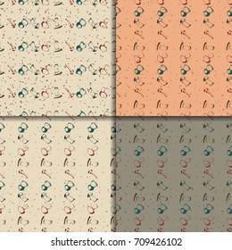 Four hand drawn seamless patterns with mushrooms. Vector doodle illustration set. Collection of tileable backgrounds with boletus, chanterelle, agaric and russala.