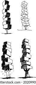 four hand drawn sketches of man holding and carrying a lots of crates or boxes above his head