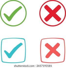 Vier handgezeichnete Symbole für Richtigkeit und Unrichtigkeit mit Tick- und Kreuzmarkierungen innerhalb von Kreisen und Quadraten