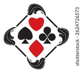Four hand drawn vector playing card suit signs in vintage frame. Hearts, clubs, diamonds and spades playing card. Suitable for logo, t-shirt design, tattoo. No AI used