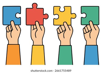 Cuatro mano que sostiene el rompecabezas Solución de problemas de trabajo en equipo Asistencia de color plano Diseño de Plantilla de Ilustración vectorial