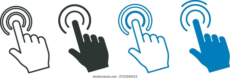 Four hand icons in a row, each interacting with a wireless signal, transitioning from black and white to blue