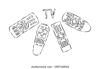 Four hand remote control facing inscription TV. Multimedia panel with shift buttons. Program device. Sketch of universal electronic controller. Hand drawn illustration in engraving style. Vector. svg