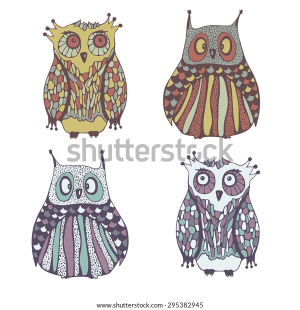 Four Handdrawing Colored Owl Stock Vector Royalty Free 295382945