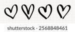 Four hand-drawn black hearts in a row. Simple heart design, black heart outline. Hand-drawn hearts, black hearts, repeating heart pattern. Valentine's element vector set.
