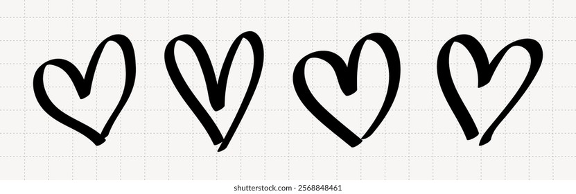 Four hand-drawn black hearts in a row. Simple heart design, black heart outline. Hand-drawn hearts, black hearts, repeating heart pattern. Valentine's element vector set.