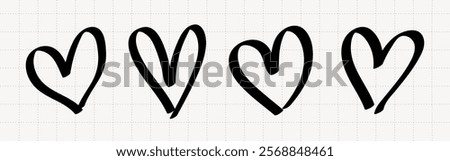 Four hand-drawn black hearts in a row. Simple heart design, black heart outline. Hand-drawn hearts, black hearts, repeating heart pattern. Valentine's element vector set.