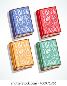 four hand-drawn books of different colors with the quote on the cover