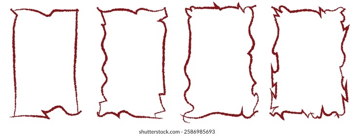 four hand-drawn frames made with scribble pencil lines, each with a unique wavy and jagged design, in a deep red color , Vector illustration, trendy design border, transparent png